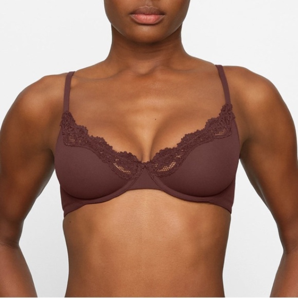 Skims Fits Everybody Lace Underwire Unlined Scoop Bra in Cocoa Brown Size 46D